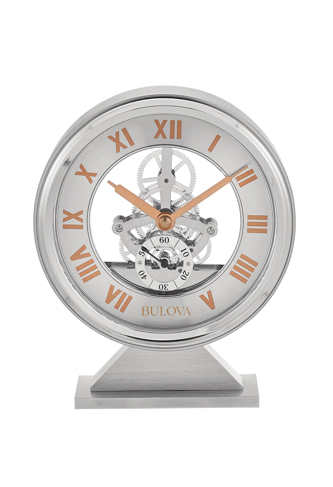 Torrance Silver Skeleton desk clock by Bulova