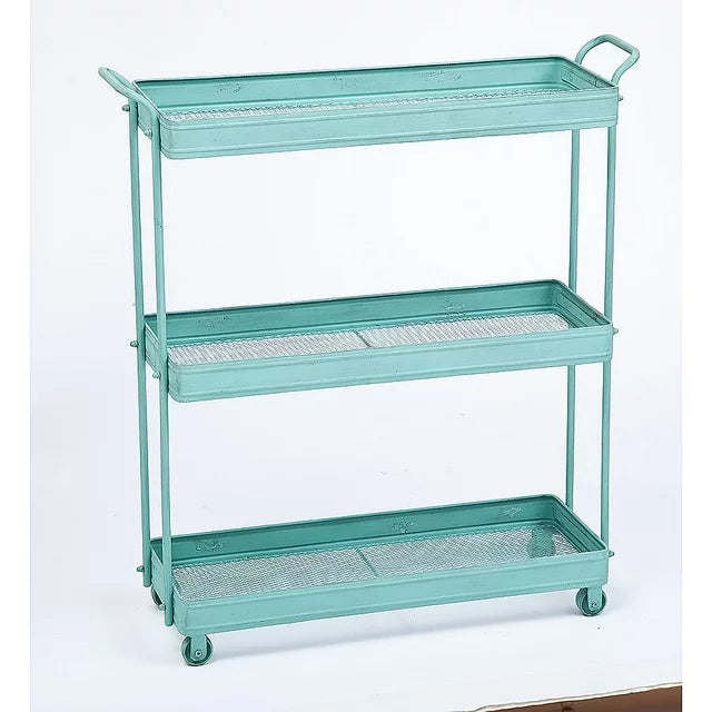 Blue Distressed Three Tier Metal Cart with Casters