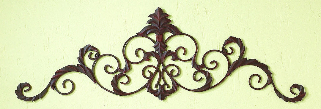 Antique Brown Iron Scroll Horizontal Wall Topper with Leaf Accents